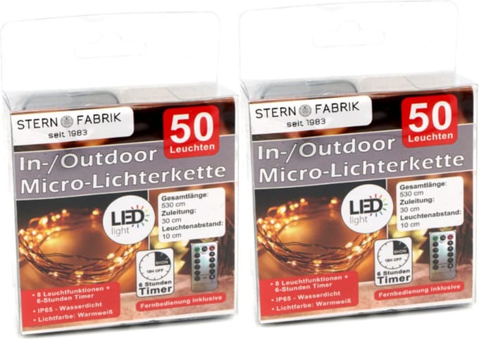 2x stern fabrik draadverlichting zilver- 50 leds- warm wit - 500 cm - afstandsbediening