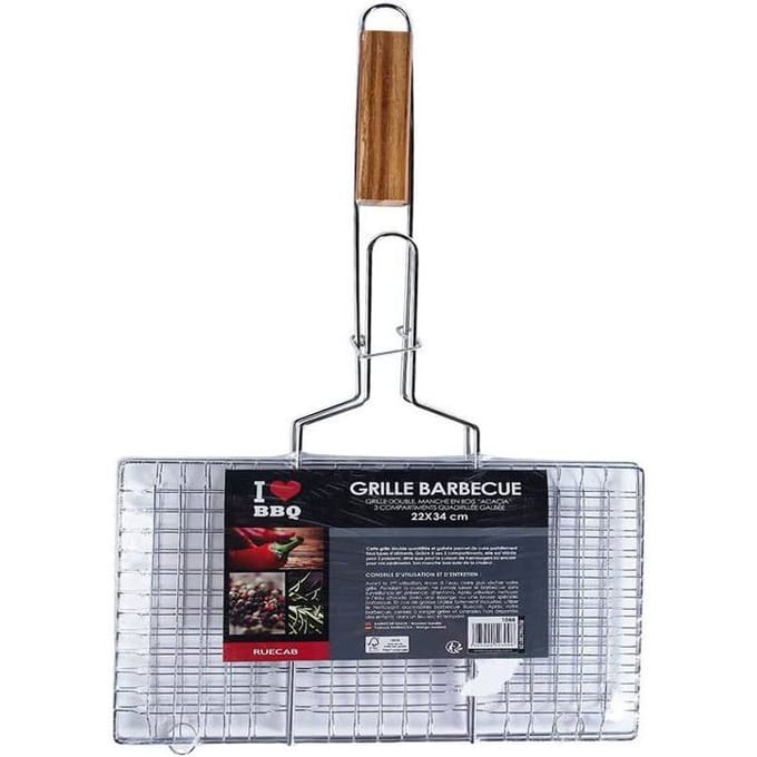 Dubbel Vierkant RVS Barbecue Rooster Houten Handvat Zilver 22 x 34 cm BARBECUE ROOSTER
