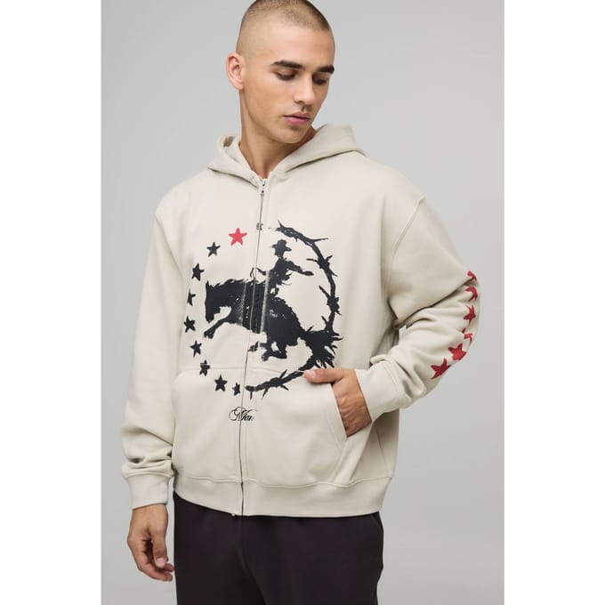 Stone Oversized Boxy Western Print Zip Through Hoodie | Size Medium