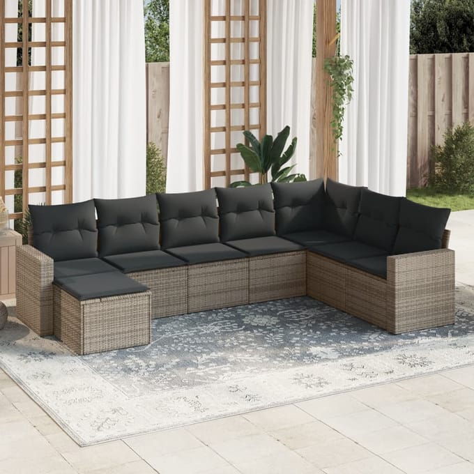 vidaXL 8-delige Loungeset met kussens poly rattan grijs
