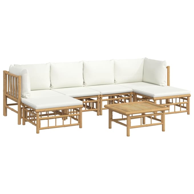 vidaXL - 7-delige - Loungeset - met - kussens - bamboe - crèmewit