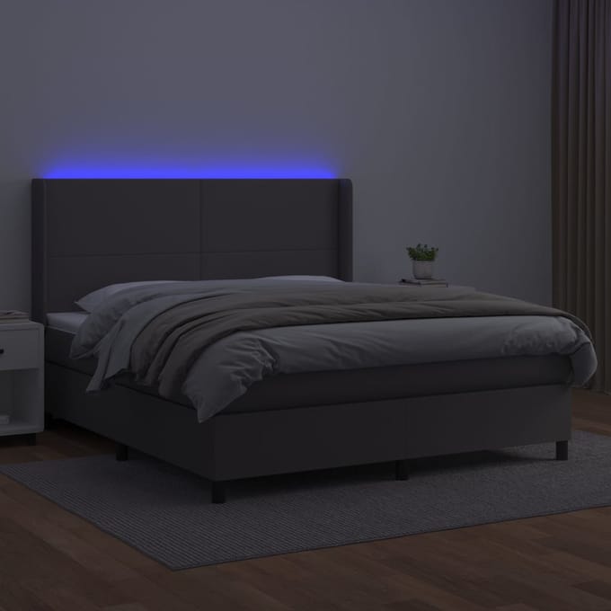 vidaXL - Boxspring - met - matras - en - LED - kunstleer - grijs - 160x200 - cm