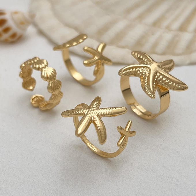 4 stuks/set Zeester schelp opening verstelbare ring set, gepersonaliseerde oceaan vakantie legering ring goud