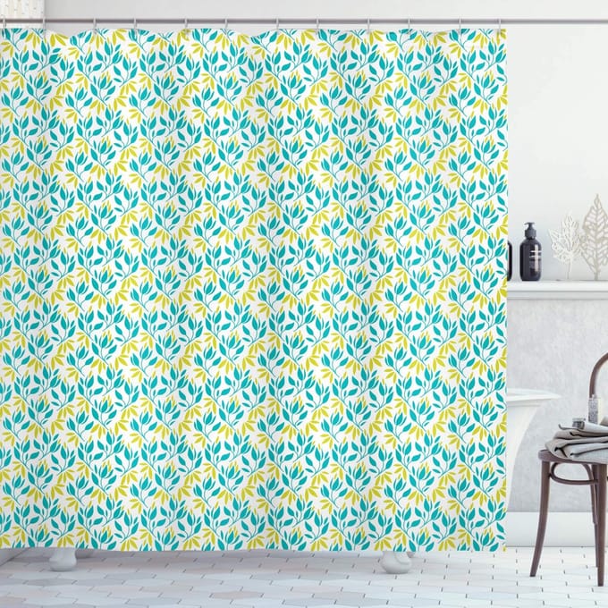 ABAKUHAUS Botanisch Douchegordijn – 175x200 cm – Polyester, Waterafstotend, Turquoise/Geel/Groen