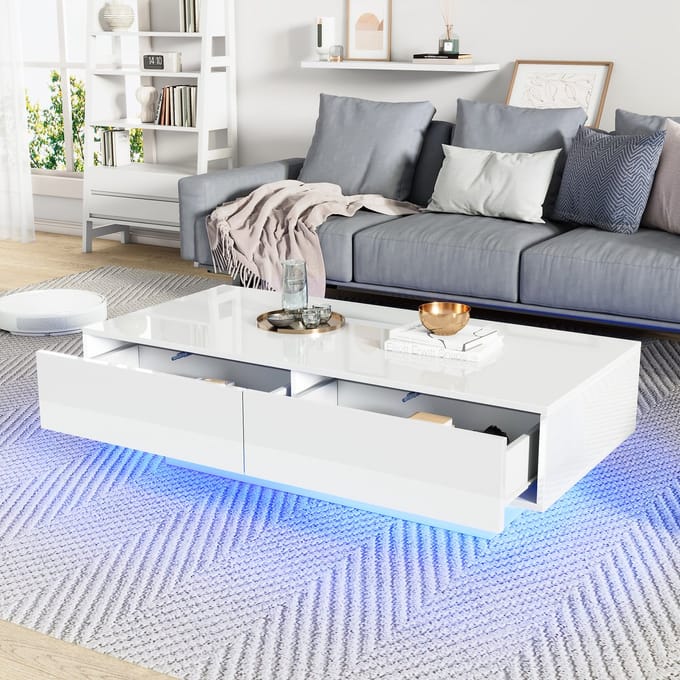 REDOM Hoogglans Salontafel Wit 115×55×34 cm — Modern design, 2 lades, ingebouwde LED, 30 kg draagvermogen