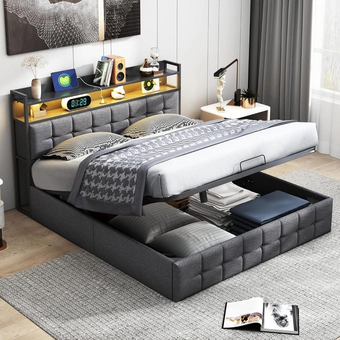 Tweepersoons gestoffeerd bed 160x200 cm met opbergruimte en USB-lading