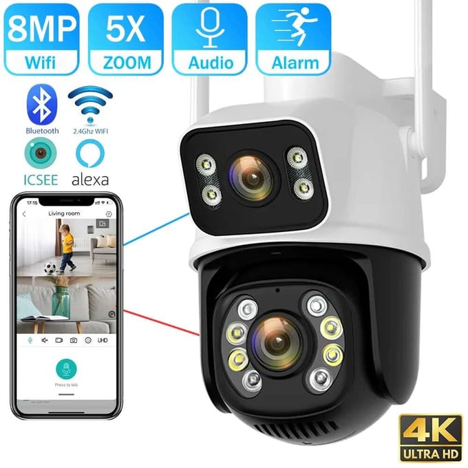 2024 8MP 4K double objectif Wifi PTZ caméra maison intelligente Vision nocturne double écran Protection de sécurité extérieure CCTV caméra IP ICSEE APP EU Plug