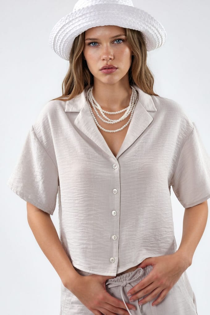 Gestructureerde Cropped Shirt met Knopsluiting