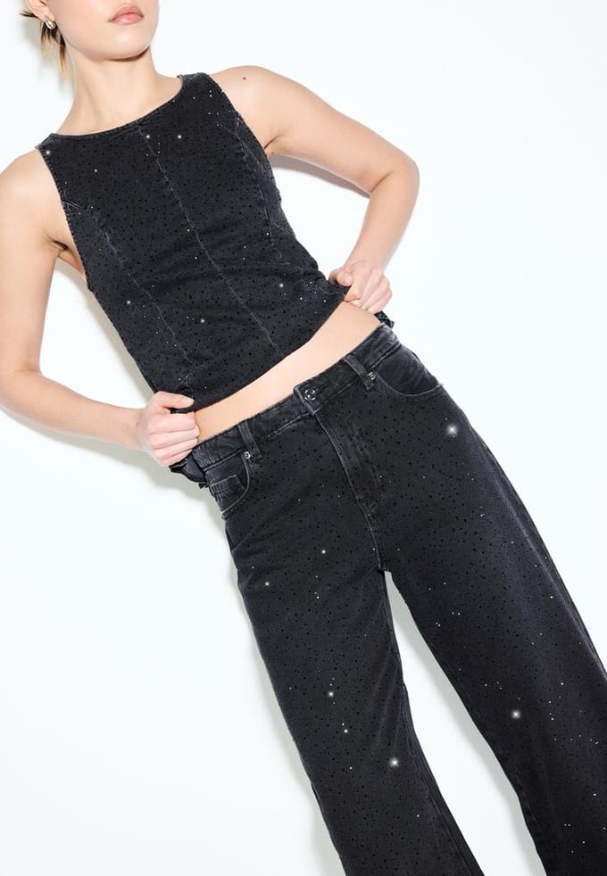 Stradivarius Straight-leg jeans met glitters  ZWART EFFECT DENIM WASSING 34