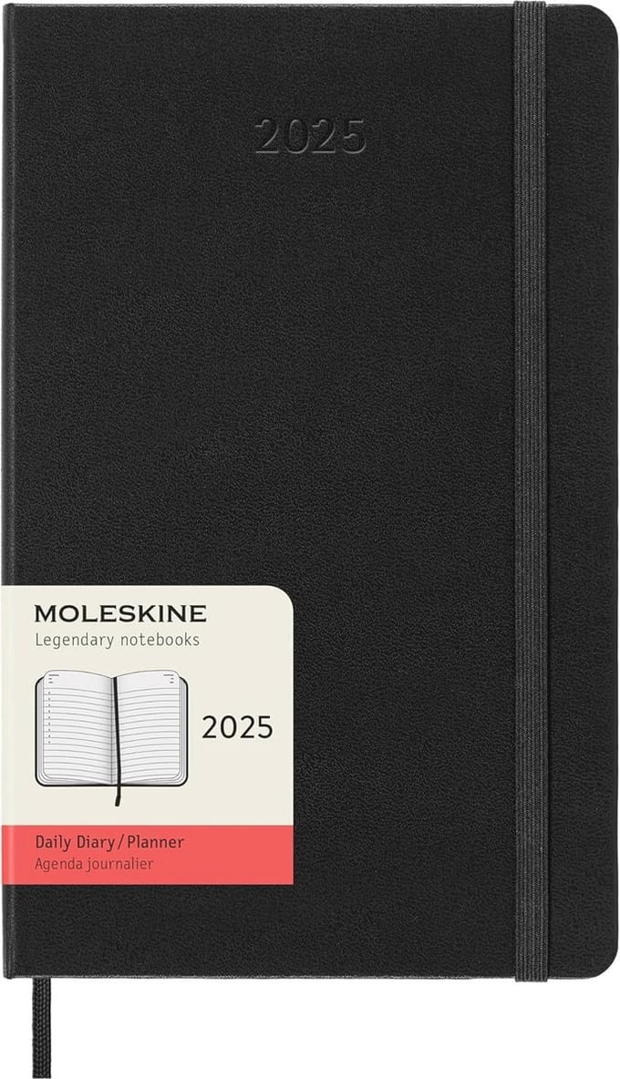 Dagplanner 2025 - 12 Maanden Agenda met Harde Kaft en Elastische Sluiting - Groot Formaat 13x21 cm - Zwart