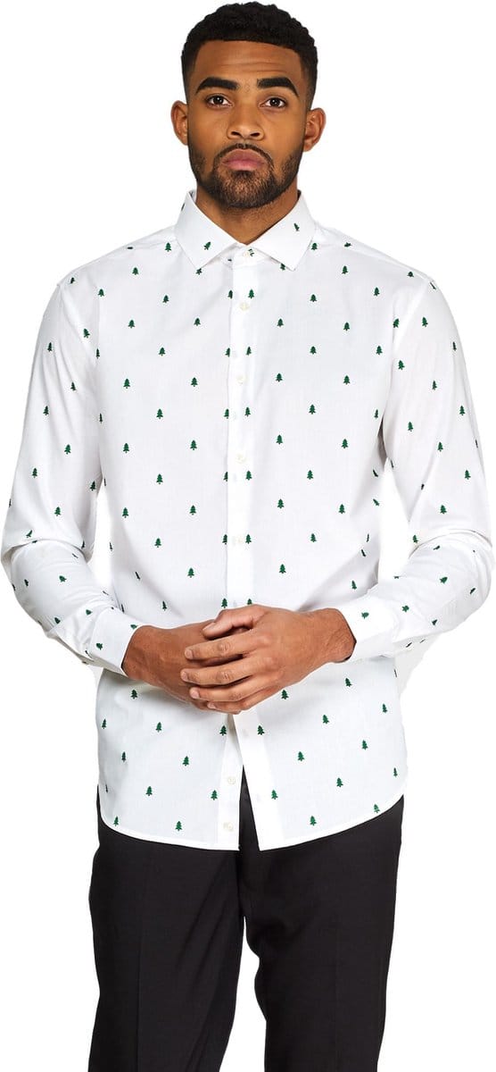 OppoSuits Christmas Trees - Heren Kerst Overhemd - Kerst Shirt Met Kerstboom print - Wit - Maat M
