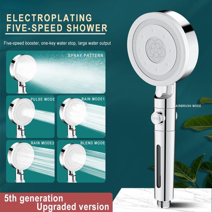 Pommeau de douche haute pression, 5 Modes, filtre de salle de bain réglable, pomme de douche, arrêt d'eau à une touche, accessoires de salle de bains argenté