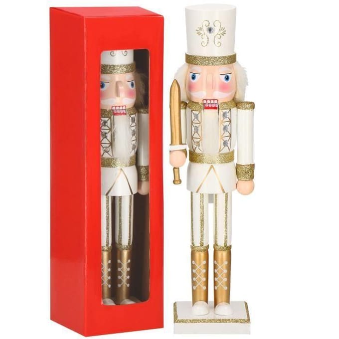 Springos Notenkraker Kerst | Houten Soldaat | Kerstversiering | Wit/Goud | 38 cm