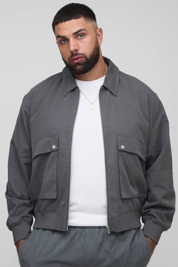 Plus Technical Utility Cargo Pocket Harrington Jacket | Grey | Size 2XL