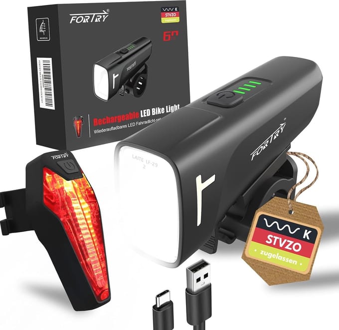 Fietsverlichtingsset met STVZO-certificering en USB-C Opladen - Waterproof Voor- en Achterlicht