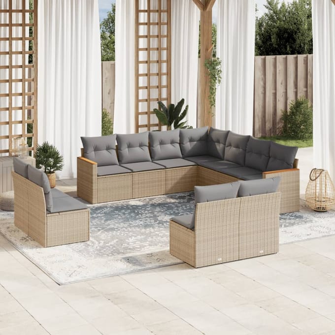 vidaXL - 11-delige - Loungeset - met - kussens - poly - rattan - gemengd - beige