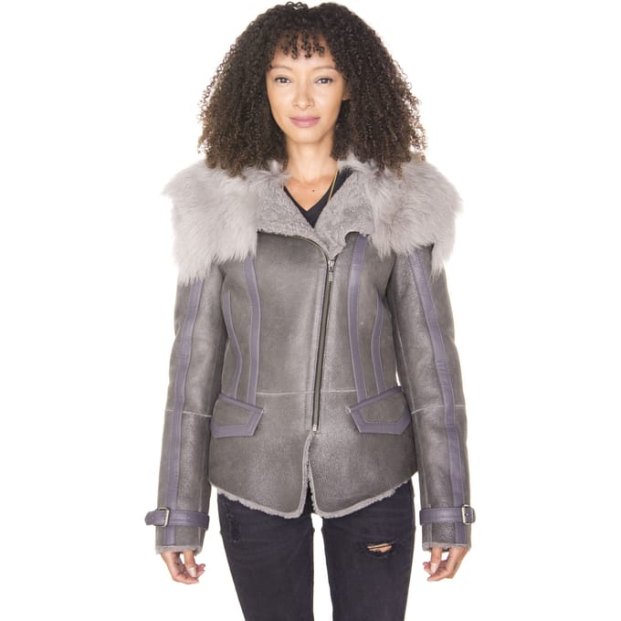 Grijze Toscana Shearling vliegende jas voor dames, Teresina