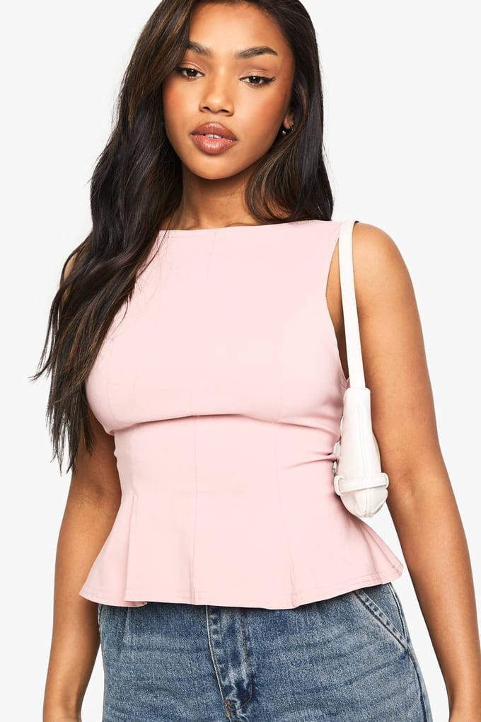 boohoo Dames Bengaline Top met Open Rug en Gebonden Peplum | Roze | Maat: 42