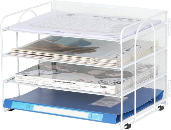 4-laagse Desktop A4 Mesh Documenthouder - Office Desk Organizer voor Papier, Tijdschriften en Bestanden, Wit