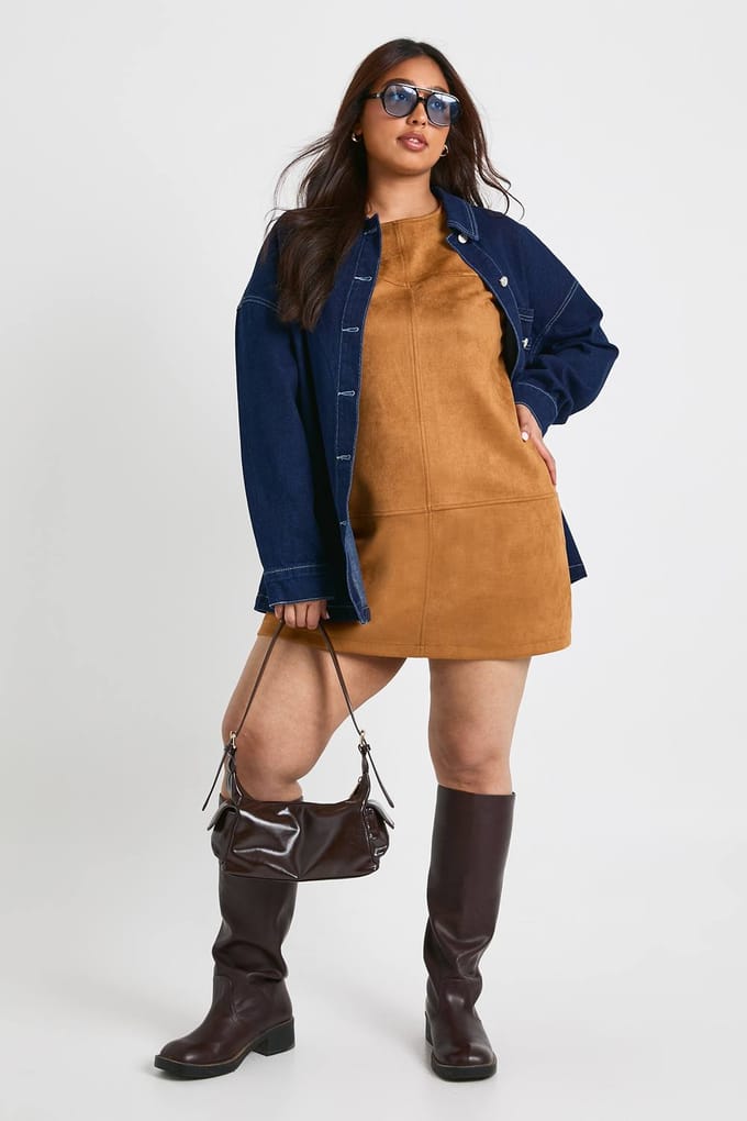 boohoo Dames Plus synthetisch suede A-lijn mini-jurk | Tan | Maat: 16