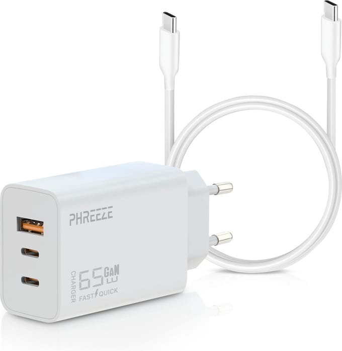 USB C Adapter 65W + USB C Naar USB C Kabel 2 Meter - 2 USB-C & 1 USB-A Snellader - Laptop Oplader Geschikt voor iPhone 15, 16 , Samsung S20, S21, S22, S23, S24, Macbook - Wit