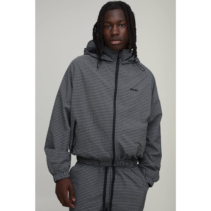 Oversized Boxy Geruite Cagoule met Capuchon en Knevelsluitingen | Black | Size Medium