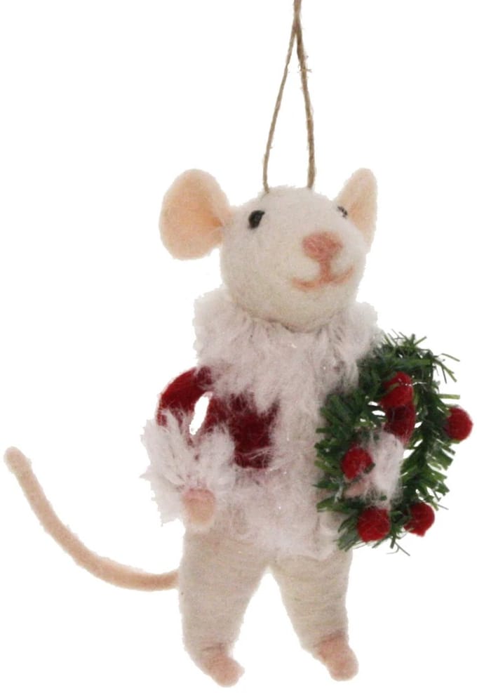 Muis met kerstjas en kerstkrans vilt 7x6x11cm