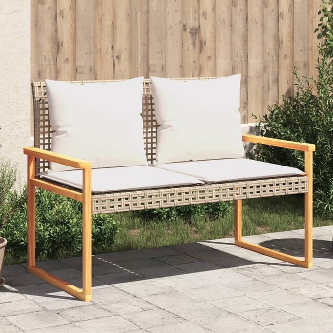 vidaXL - Tuinbankje - met - kussen - poly - rattan - en - acaciahout - gemengd - beige