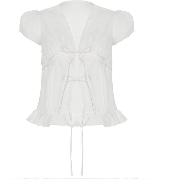Geplooide Pofmouw Vetershirt Dames Wit Kant Los Skinny Top L