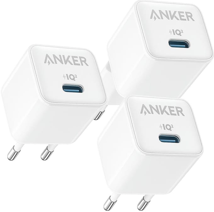 Anker 512 Nano Pro Oplader - 20W USB-C - PowerIQ 3.0 - Actieve Temperatuurregeling - Wit/Zilver [3-pack]
