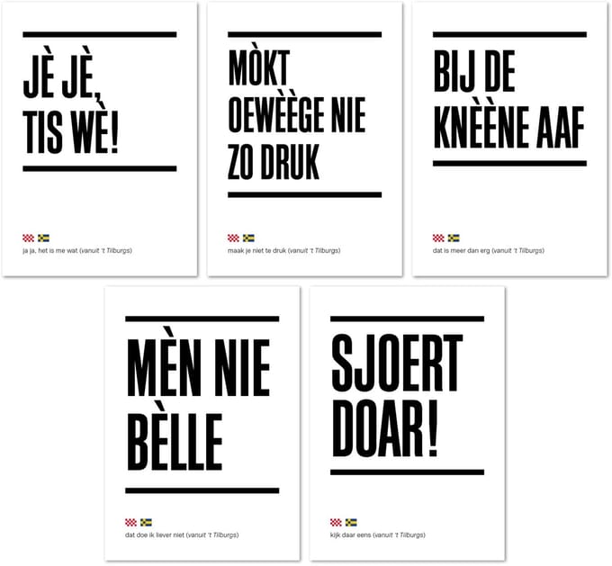 Tilburgse Kòrtjes - set van 5 - gezegden - Ansichtkaarten - Wenskaarten