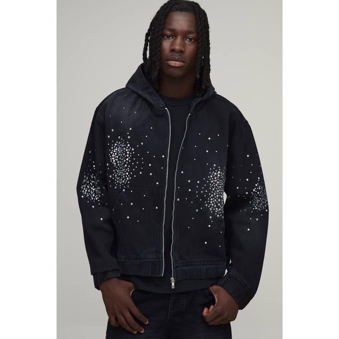 Boxy Rhinestone Gewassen Zwarte Denim Hoodie | Washed Black | Size Medium