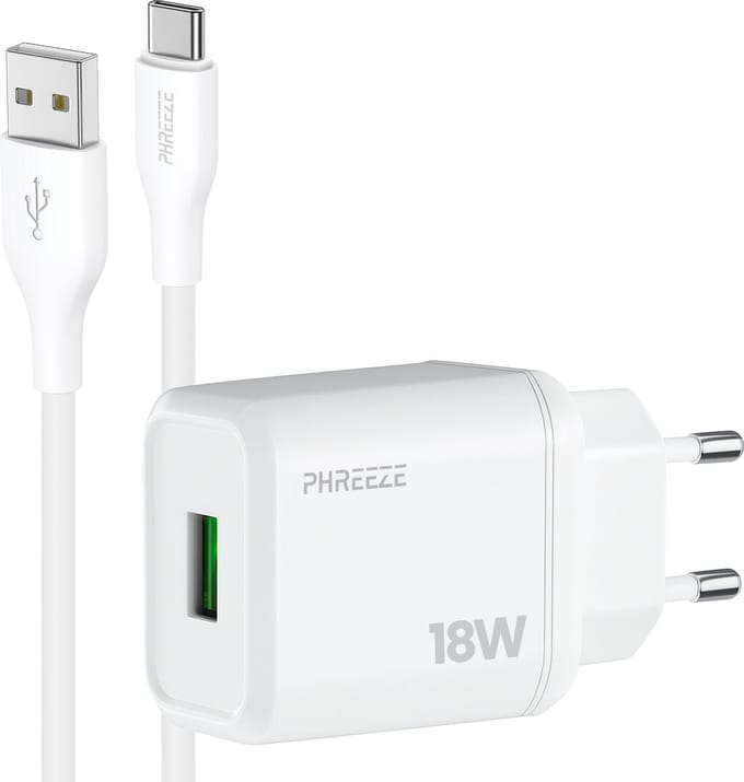 Phreeze usb stekker - Incl usb naar usb C kabel 1 meter - 18w usb adapter - 5v 3a usb oplaadstekker voor smartphone tablet koptelefoon accessoires