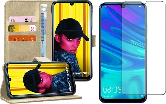 Hoesje geschikt voor Huawei P Smart 2019 - Book Case Kunstleer Wallet Goud + Screen Protector Glas