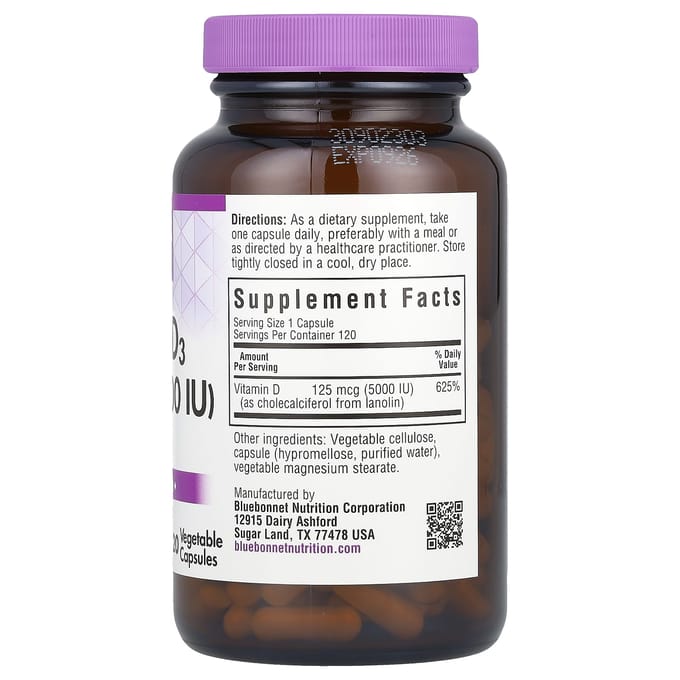 Bluebonnet Nutrition, vitamine D3, 125 mcg (5.000 IE), 120 vegetarische capsules