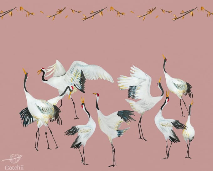 Behang staal Japanese Crane Dance roze
