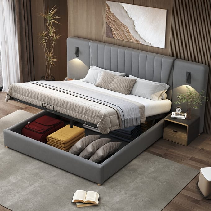 Gestoffeerd Bed 180x200 cm - met USB en Leeslamp - Fluweel - Grijs