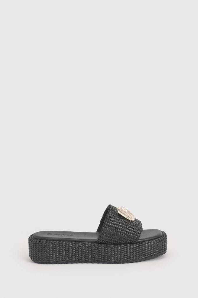 boohoo Dames Platformen Sandalen Met Schelpdetail En Raffia | Black | Maat: 4