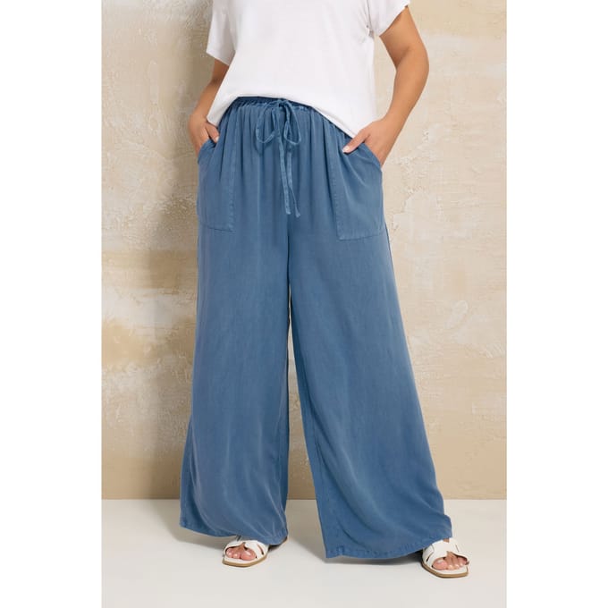Yours Chambray Broek Met Wijde Pijpen En Elastische Taille In Denimblauw Size 46