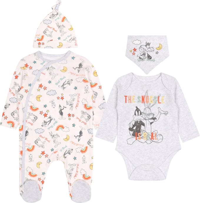 Grijs-witte set: rompertje, body, slabbetje, muts Bugs Bunny DISNEY OEKO-TEX 0-2 m 56 cm