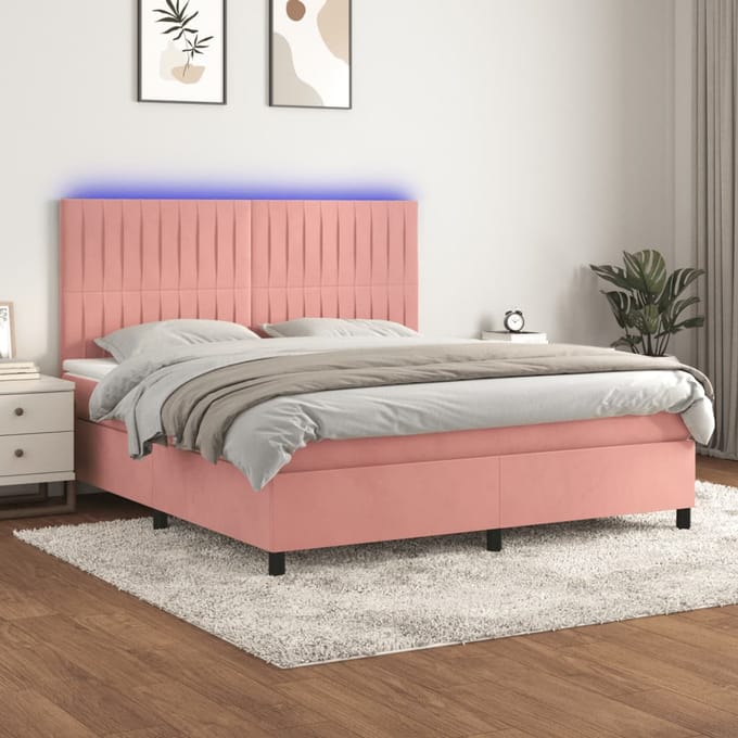 vidaXL - Boxspring - met - matras - en - LED - fluweel - roze - 160x200 - cm
