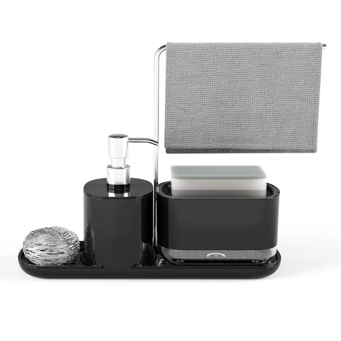 Hand- en afwasmiddeldispenserset, zeepdispenser met sponshouder en voddenhouder Push-Type vloeistof wit