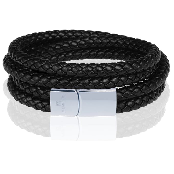 Memphis dubbele wrap armband Leer Zwart Zilverkleurig-22cm