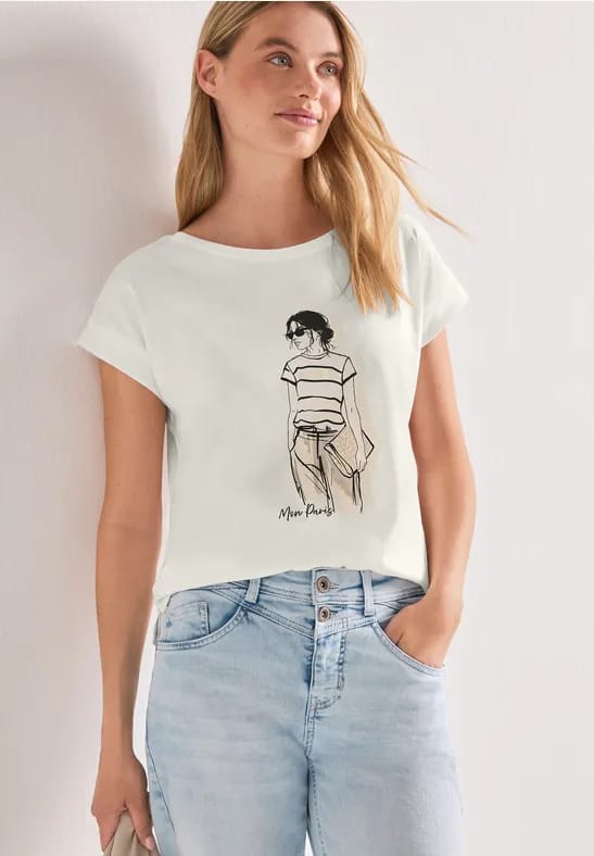 Shirt met hangende schouder en print vooraan