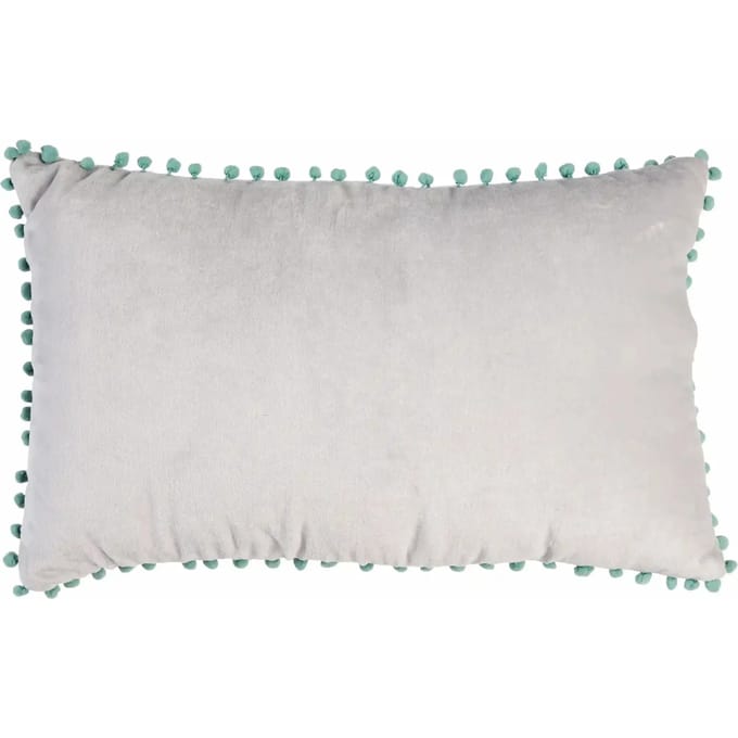 Velours sierkussen - kussentje grijs met mintgroene pompons 32x50cm