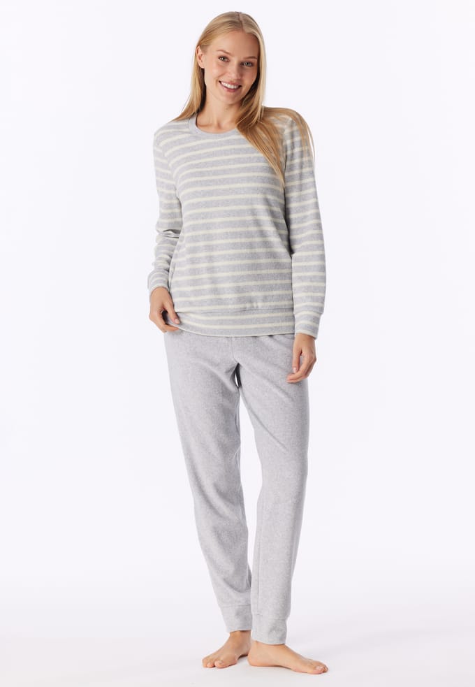 SCHIESSER dames Cotton Essentials Pyjama lang - dames pyjama set - zilvergrijs melange gestreept