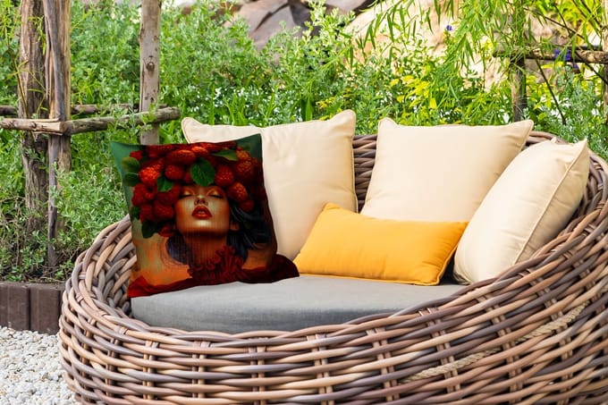 Tuinkussen - Vrouw - Frambozen - Bladeren - 40x40 cm - Weerbestendig