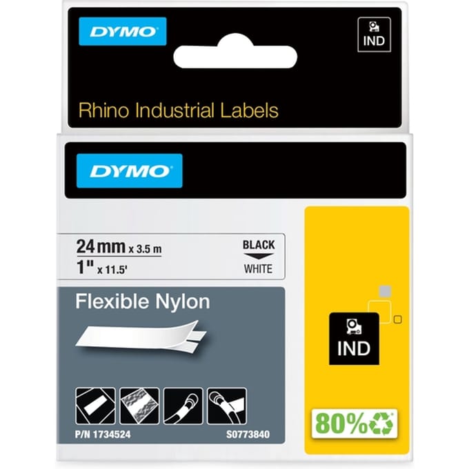 DYMO Rhino industriële Flexibele Nylon Labels | 24 mm x 3,5 m | zwarte afdruk op wit | zelfklevende labels voor Rhino & LabelManager labelprinters