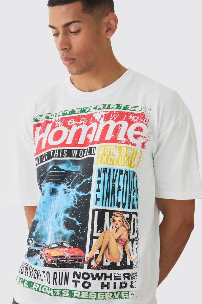 Oversized Boxy Homme Magazine Graphic T-Shirt | White | Size Medium