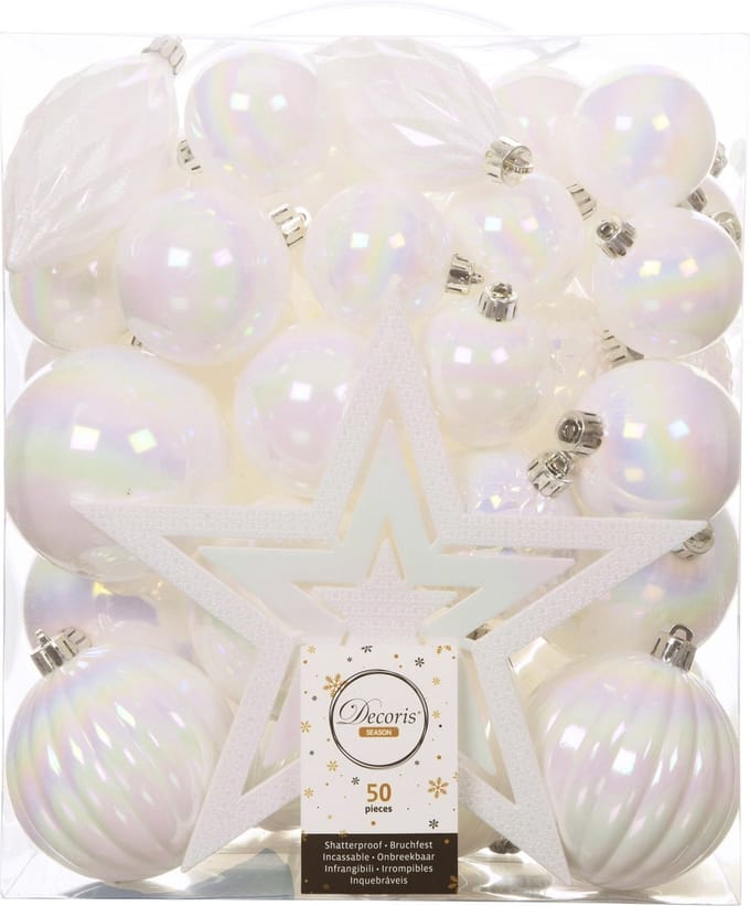 Kerstballen set - 55x stuks incl. ster piek - parelmoer wit - kunststof